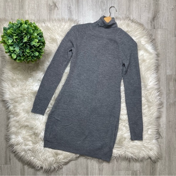 Garnet Hill Gray Merino‎ Wool Turtleneck Sweater Dress - Picture 1 of 6